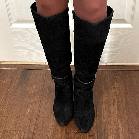 Bandolino Black Leather Suede Tall Dress Boots Heel Size 7.5 - Picture 2 of 9